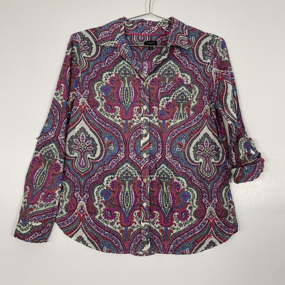 Talbots Shirt Womens Medium Multicolor Paisley Button Front Roll Tab Cotton Boho
